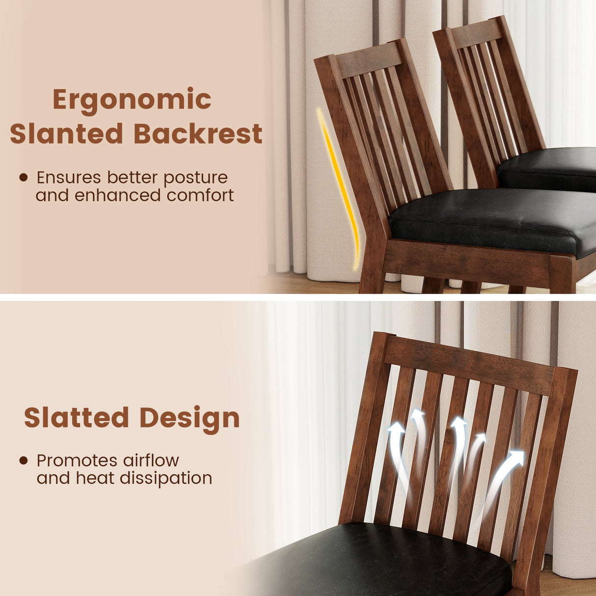 Sillas de comedor tapizadas en cuero sintético con asiento acolchado, juego de 2 - Espresso
