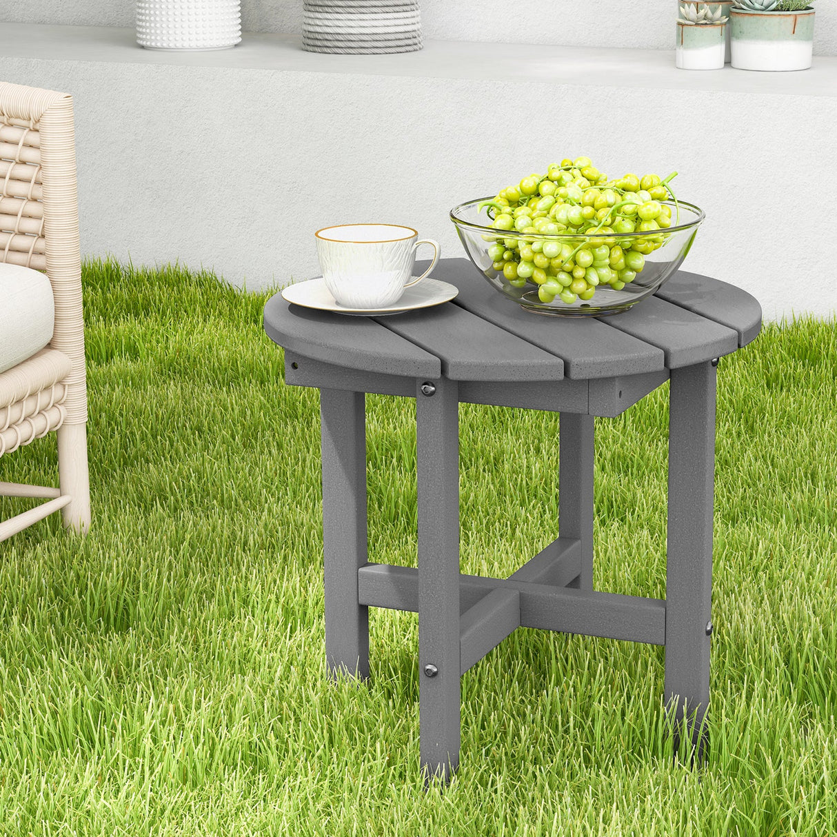 Mesa auxiliar redonda Adirondack de 18 pulgadas con base cruzada y superficie de listones - Gris