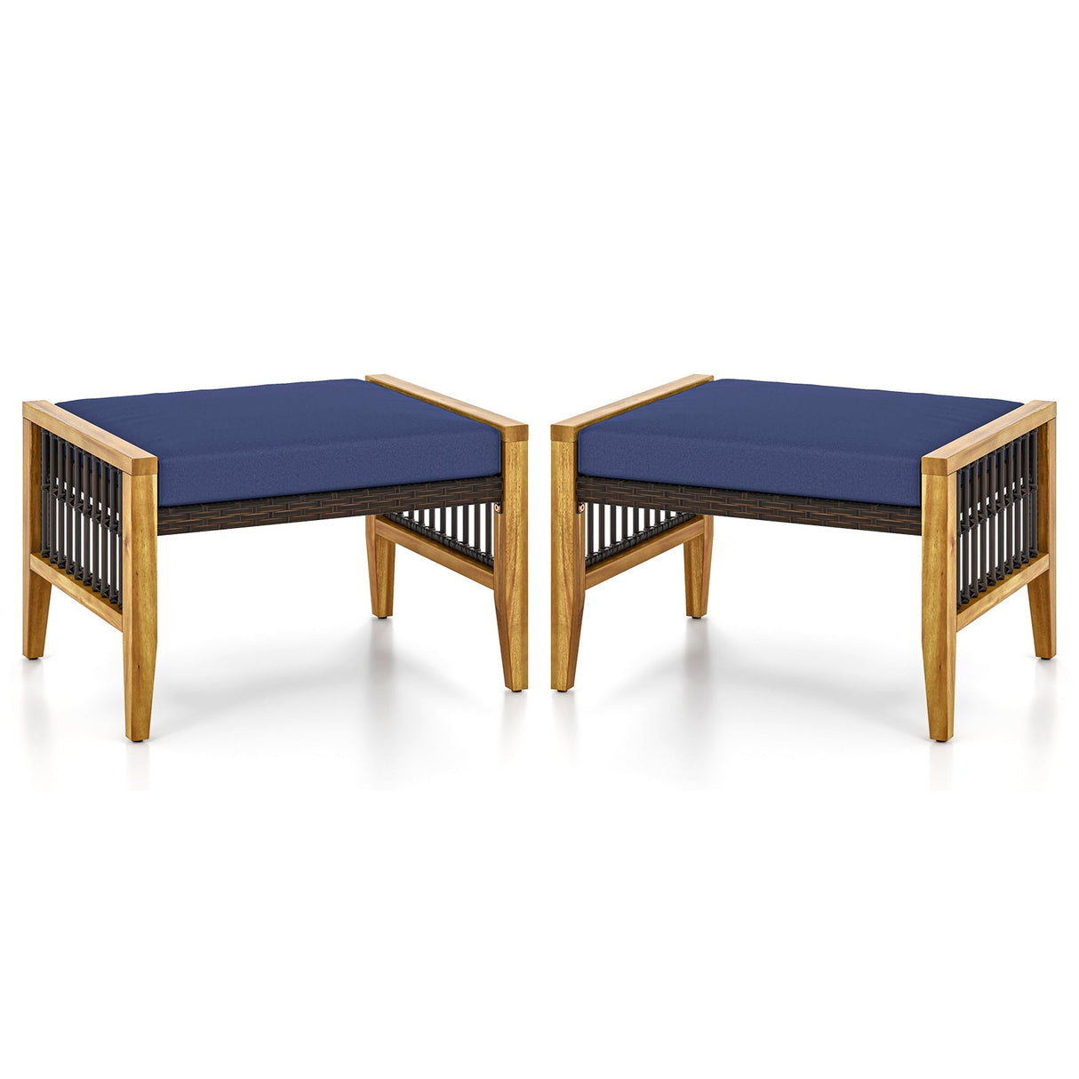 Patio Acacia Wood Ottomans with Cushions and Versatile Rattan Woven Footstools-Navy