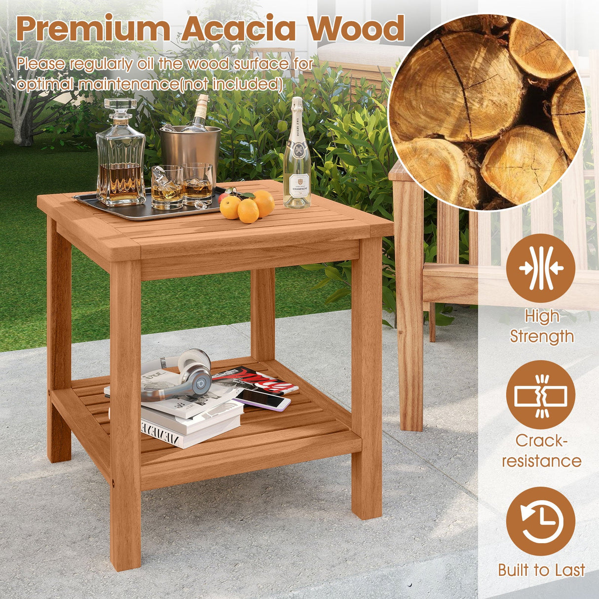 Mesa auxiliar de patio de madera de acacia con tablero de listones y estante de almacenamiento