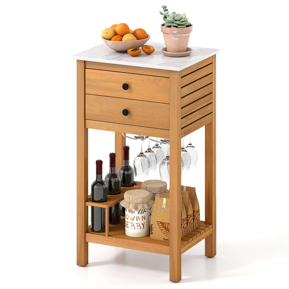 Mueble de almacenamiento de madera de acacia para patio, mueble buffet para patio, mesa de bar con encimera de imitación de mármol