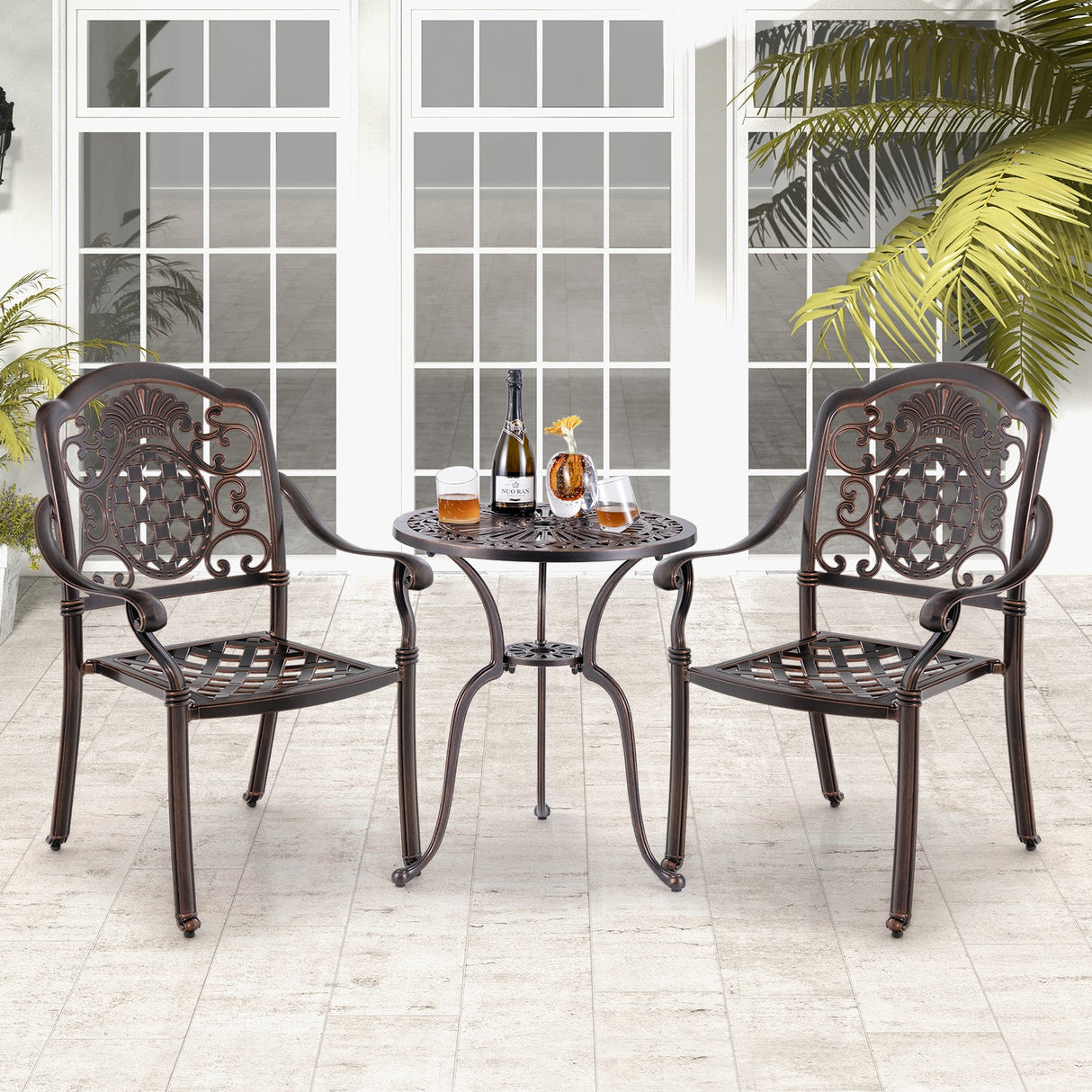 Juego de 2 sillas de comedor de patio de aluminio fundido, sillones de metal apilables - Cobre