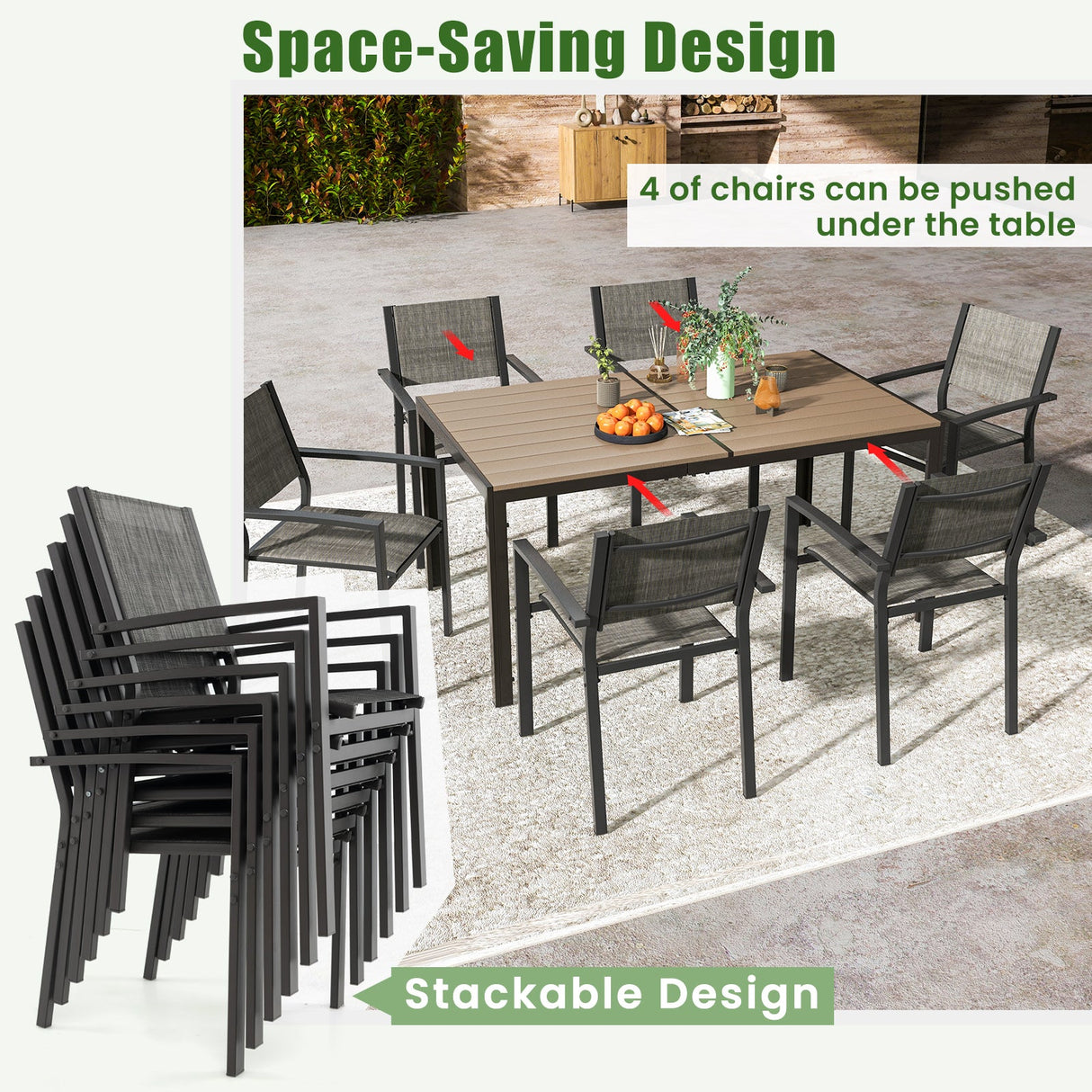 Juego de 6 sillas de patio apilables con asiento de tela transpirable