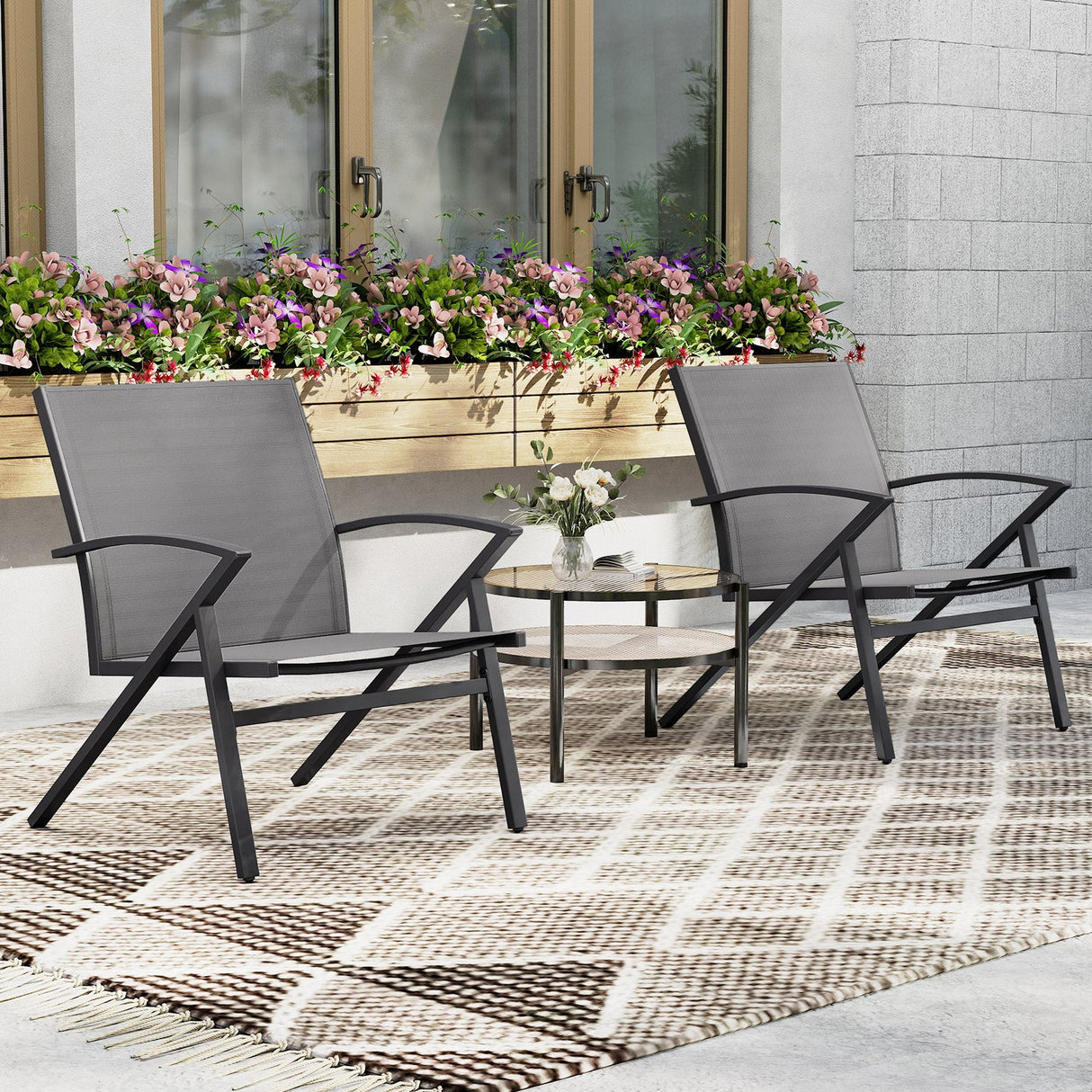 Patio Chairs Set of 2 Lawn Chairs with Heavy Duty Metal Frame-Grey