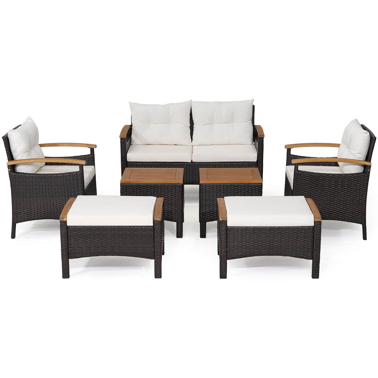 Juego de sofá de patio de ratán de 7 piezas con tablero de mesa y apoyabrazos de madera de acacia