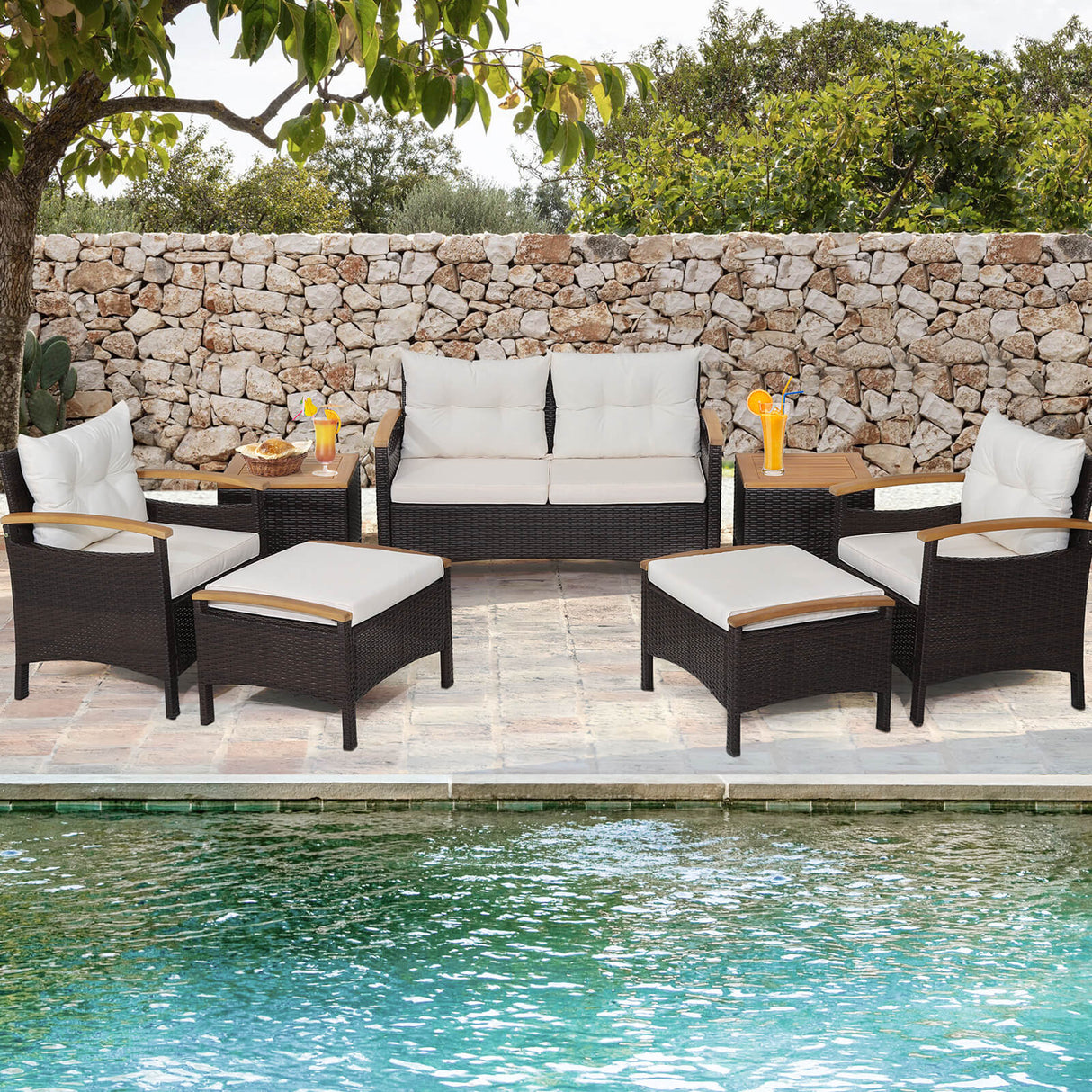 Juego de sofá de patio de ratán de 7 piezas con tablero de mesa y apoyabrazos de madera de acacia