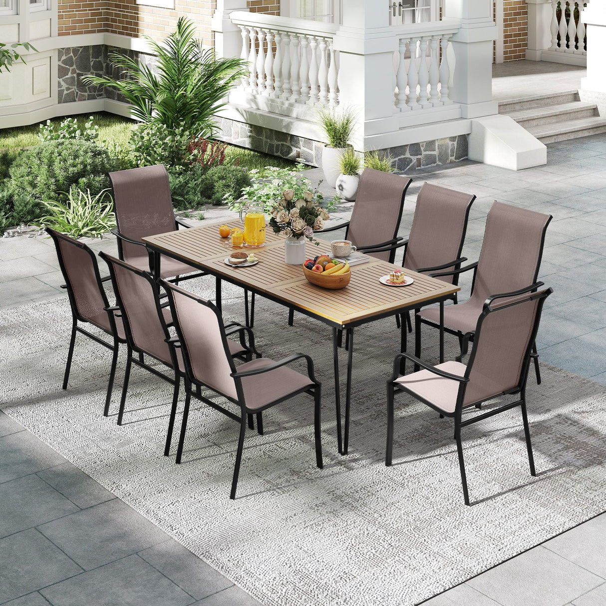 Juego de 2 sillas de comedor para patio con asiento ancho y estructura de metal resistente - Marrón
