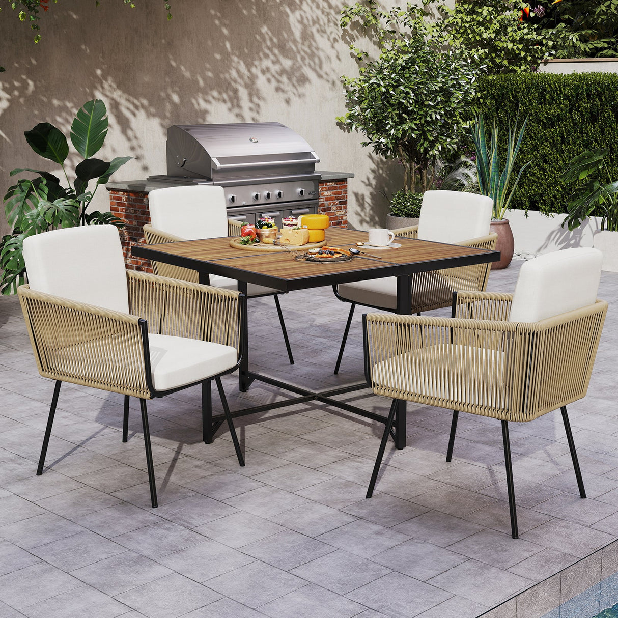 Juego de 4 sillas de comedor para patio, bistró, sillas de ratán bien tejidas - Blancas