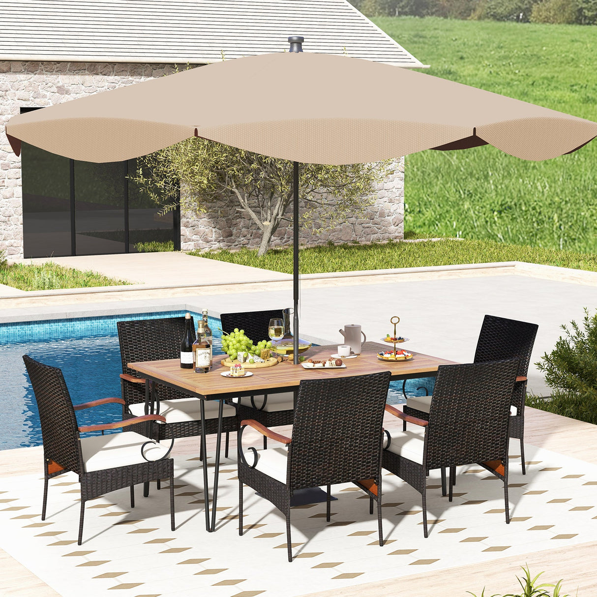 Juego de comedor de patio de 7 piezas con sillones de ratán, cojines suaves, agujero para sombrilla de 5 cm