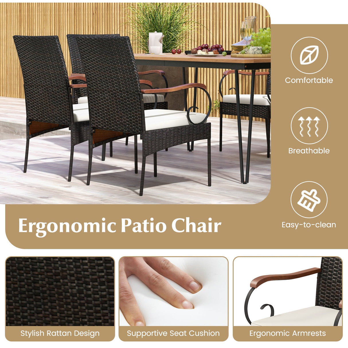 Juego de comedor de patio de 7 piezas con sillones de ratán, cojines suaves, agujero para sombrilla de 5 cm
