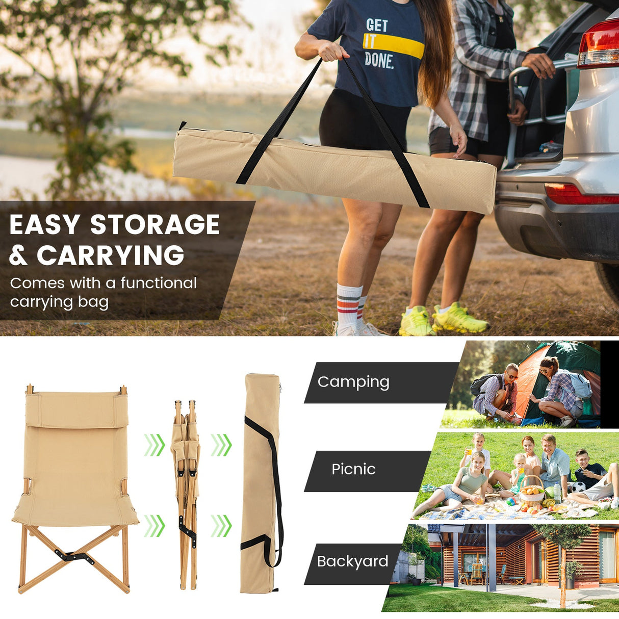 Silla de camping plegable de bambú con respaldo ajustable de 2 niveles - Natural