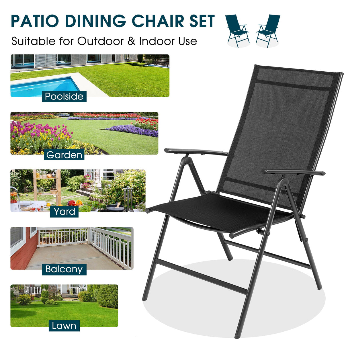 Juego de 2 sillones reclinables plegables ajustables portátiles para patio - Negro