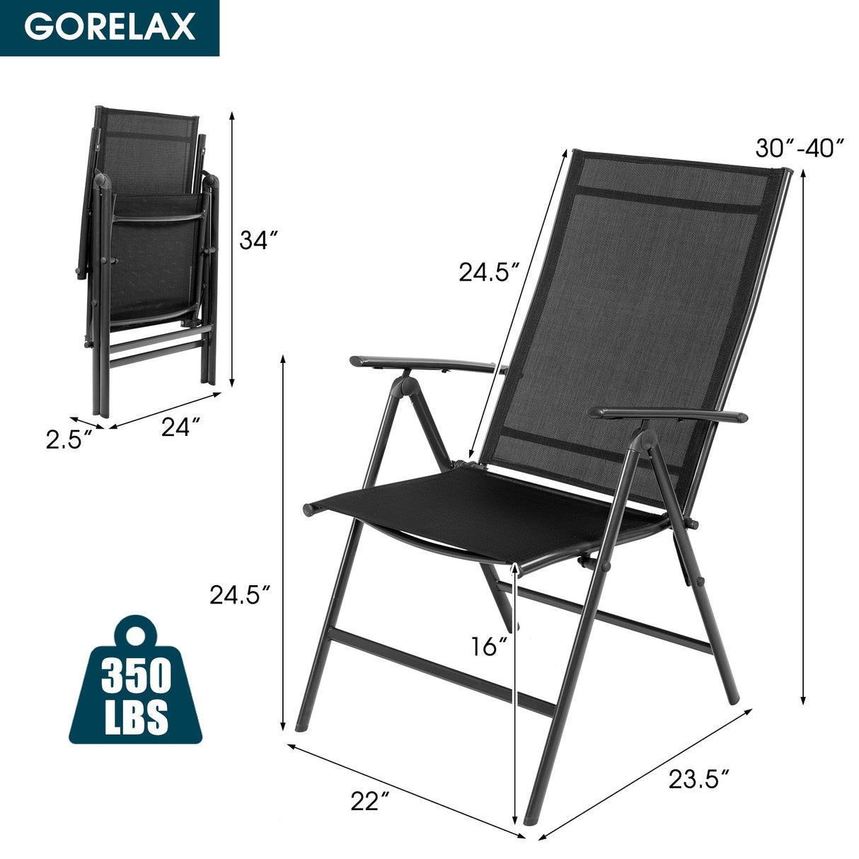 Juego de 2 sillones reclinables plegables ajustables portátiles para patio - Negro