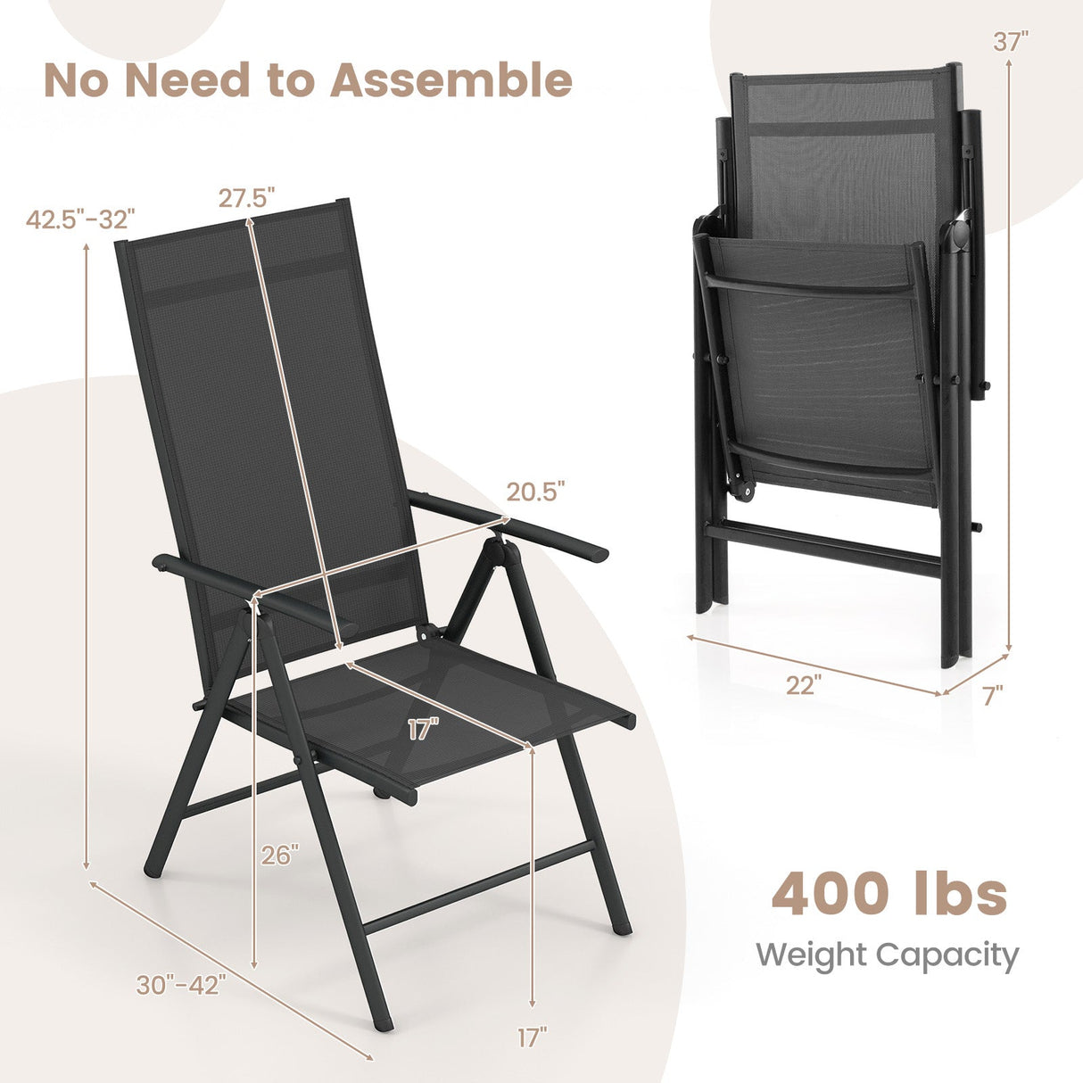 1 Piece Patio Folding Dining Chairs with 7-Level Adjustable High Backrest