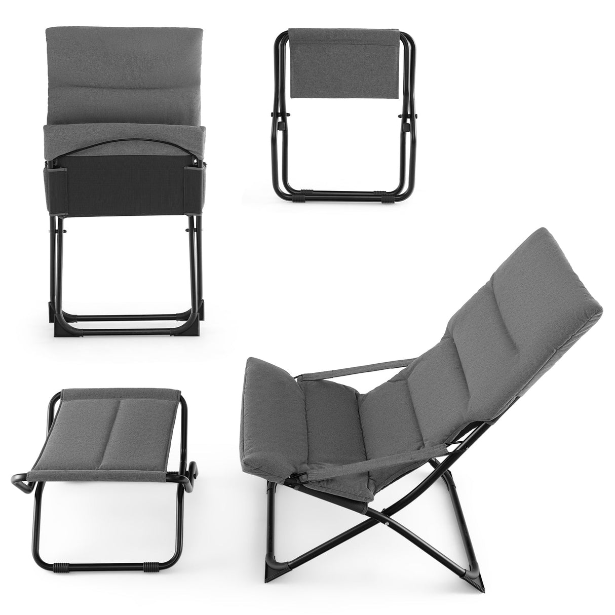 Sillón plegable de patio con reposapiés otomano y cojín extraíble - Gris