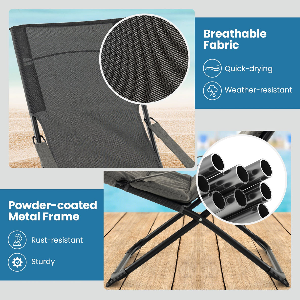 Sillón plegable de patio con reposapiés otomano y cojín extraíble - Gris