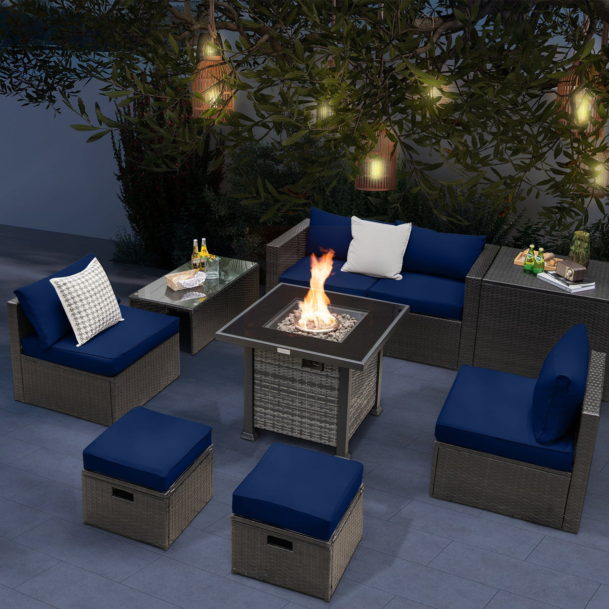 Juego de muebles de patio de 9 piezas para exteriores con mesa de fogata de propano de 50 000 BTU