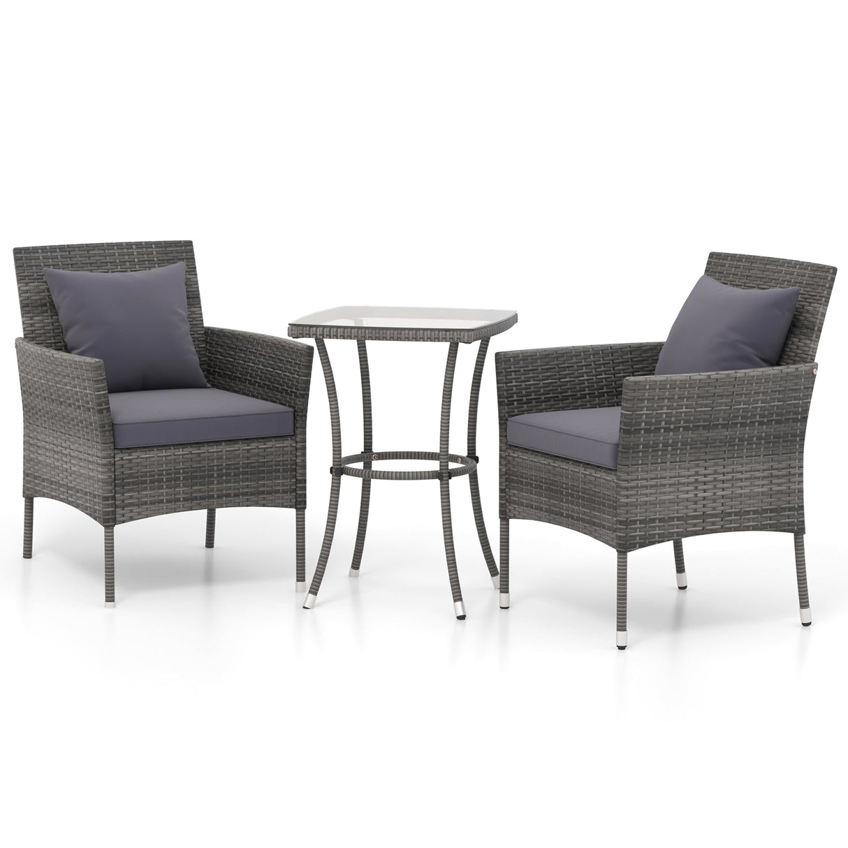 Juego de muebles de patio de 3 piezas con sillas de patio acolchadas y mesa de centro de vidrio templado