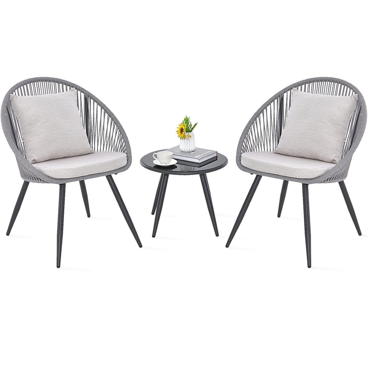 Juego de muebles de patio de 3 piezas con cojines de asiento y respaldo - Gris