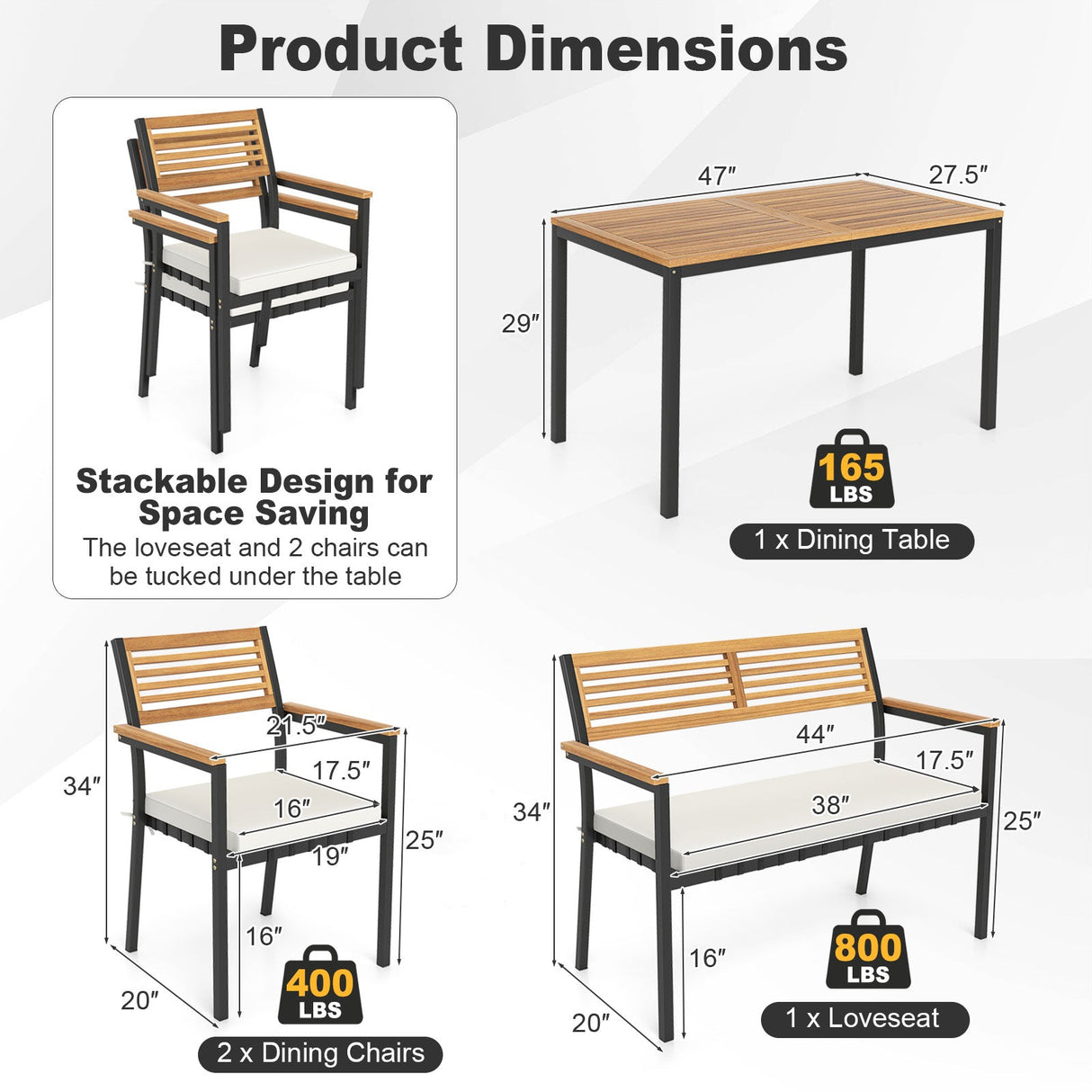 Juego de muebles de patio de 4 piezas, juego de sillas de comedor para exteriores, color blanco