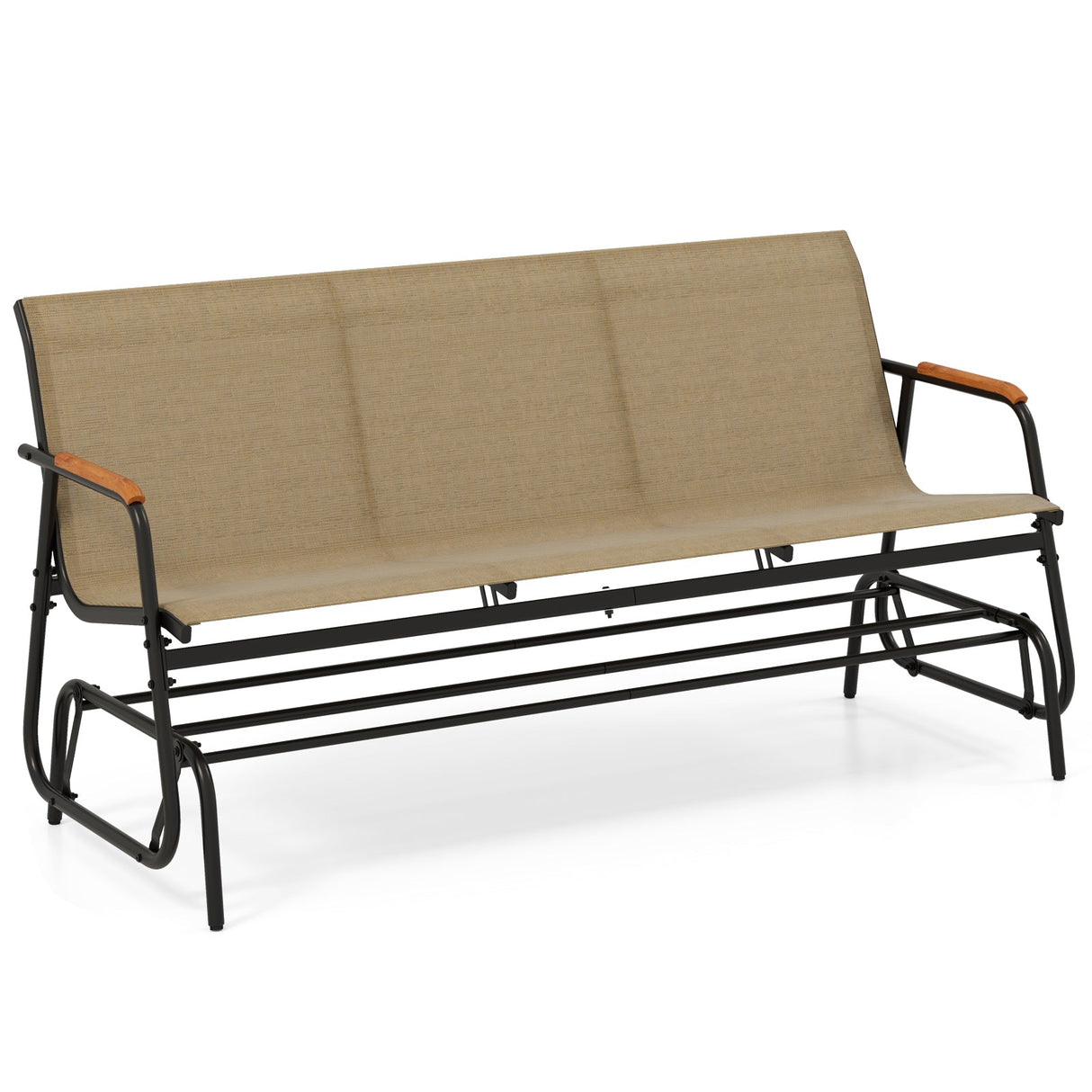 Banco planeador para patio con apoyabrazos curvos de teca y asiento de tela transpirable para 3 personas-Marrón