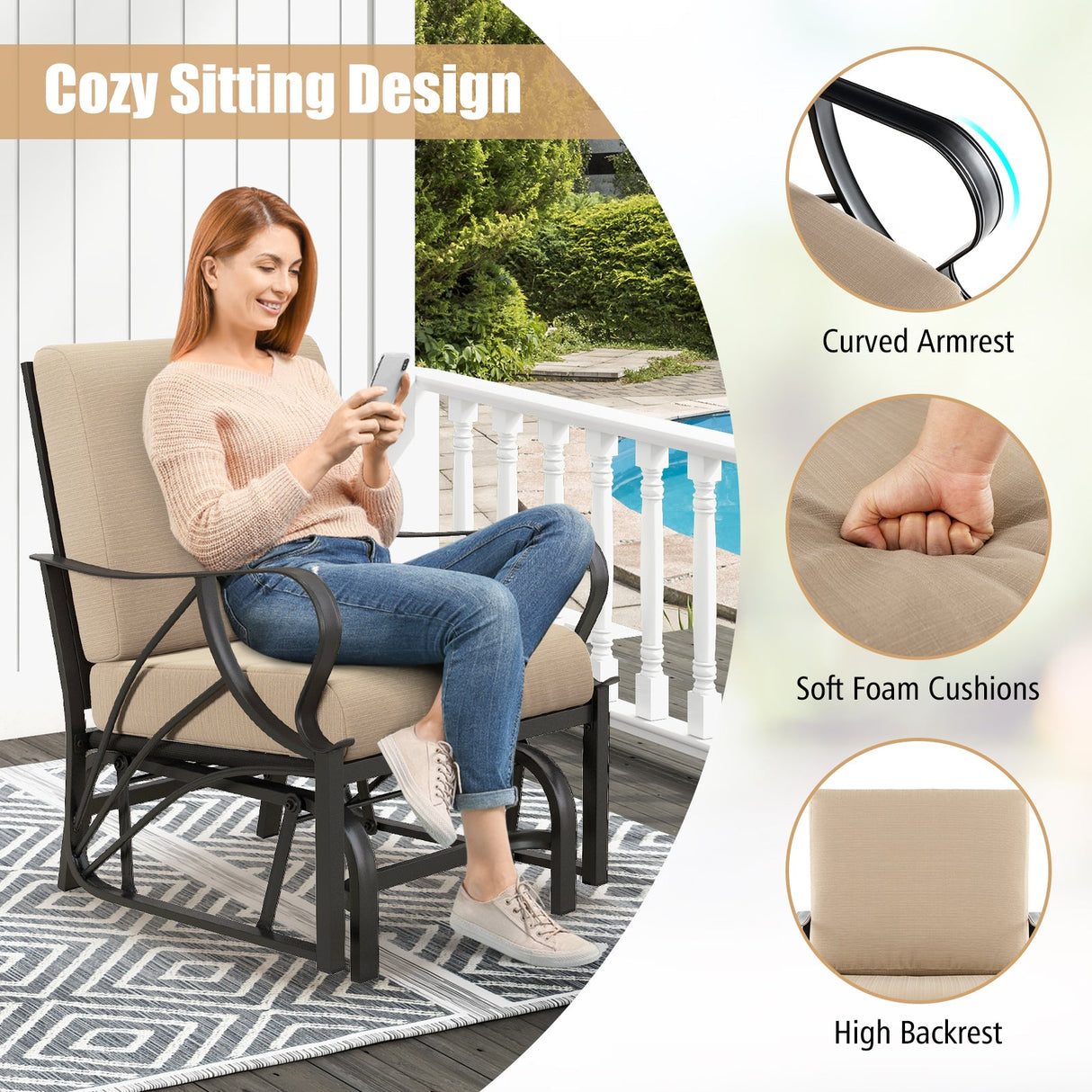 Mecedora planeadora para patio con cojín grueso y reposabrazos curvo