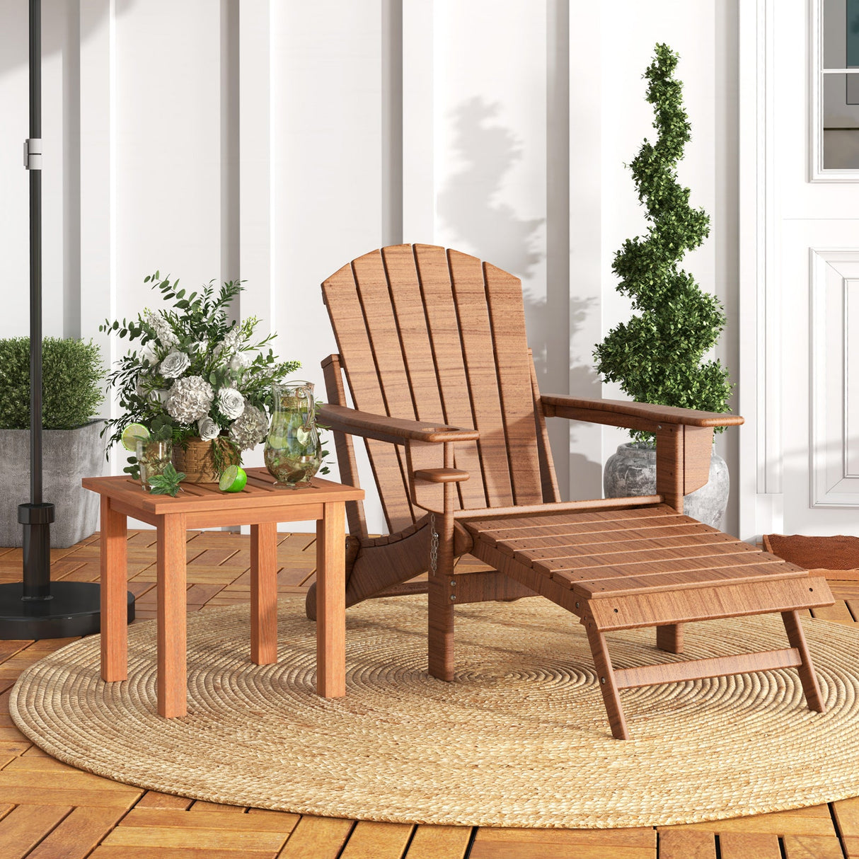 Mesa auxiliar cuadrada de madera dura para patio con tablero de listones