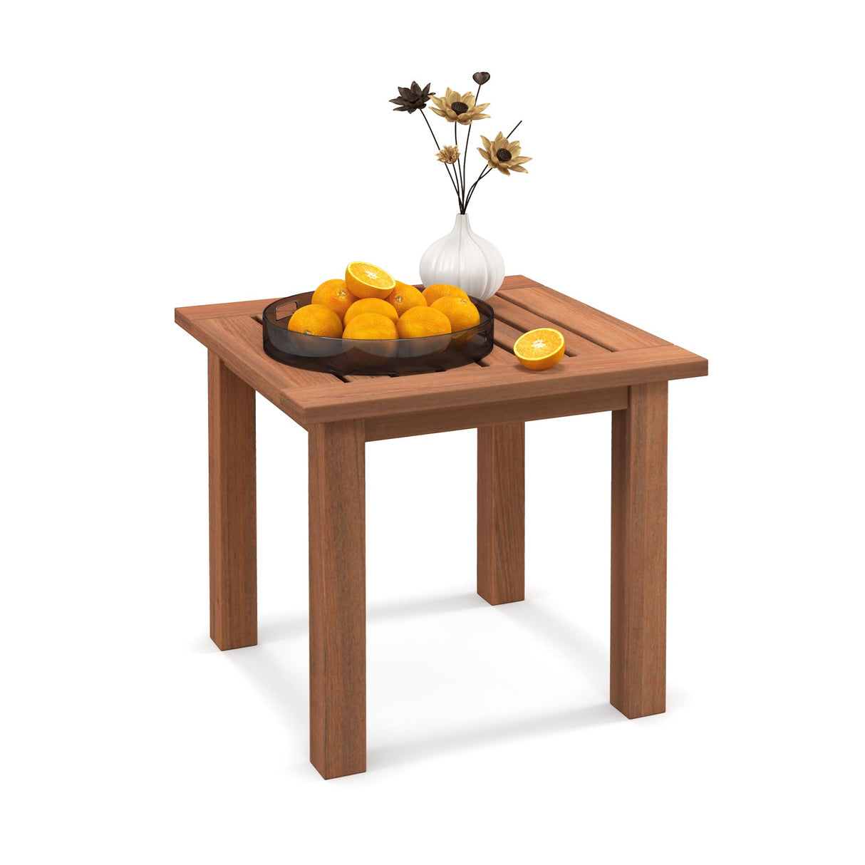 Mesa auxiliar cuadrada de madera dura para patio con tablero de listones
