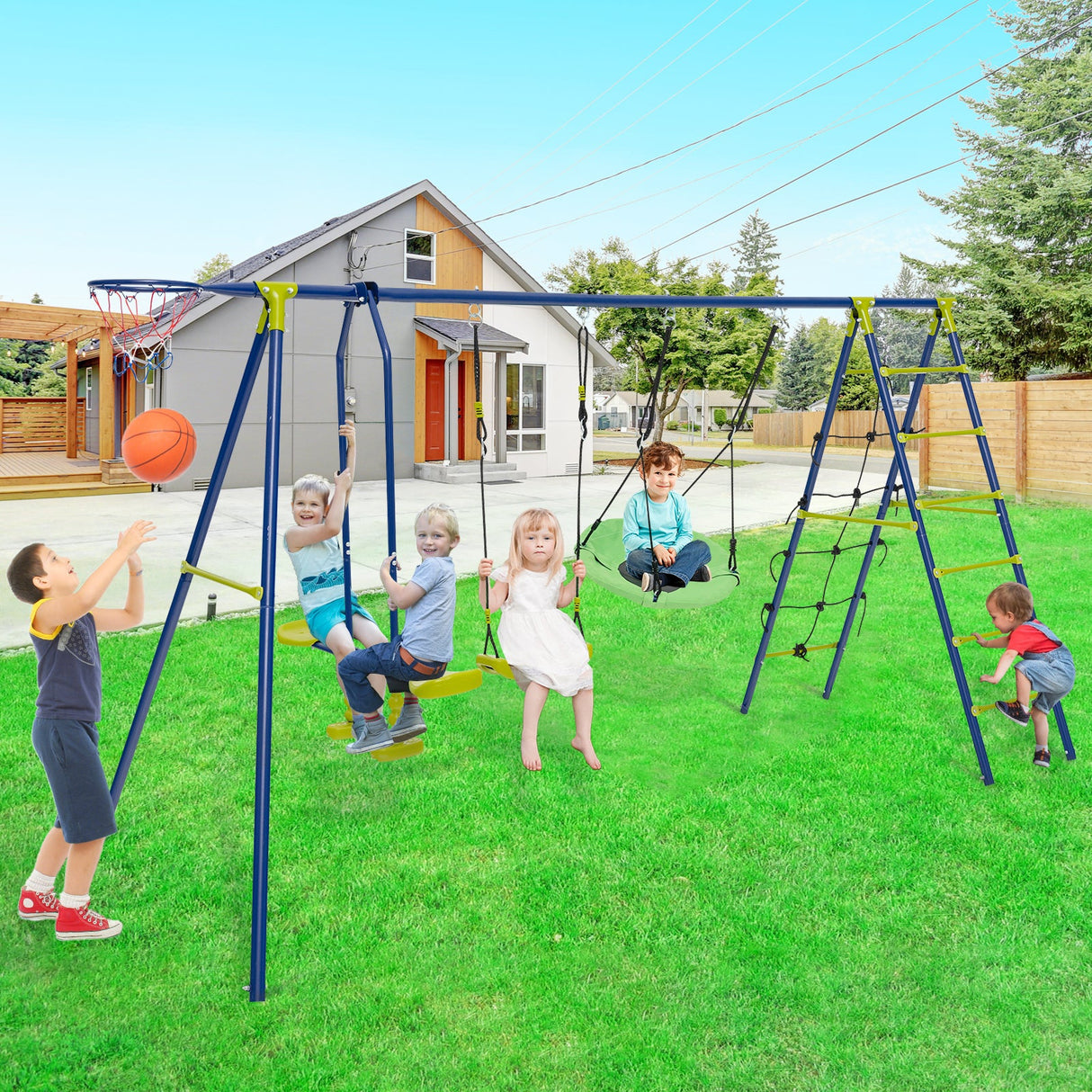 Columpio de jardín 6 en 1 para niños con red para escalar y escalera, 250 kg