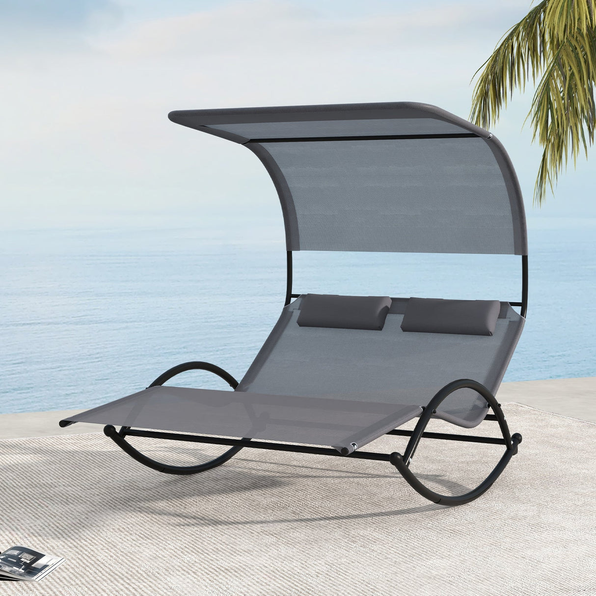 Tumbona doble balancín para exteriores con dosel para 2 personas y reposacabezas desmontables - Gris