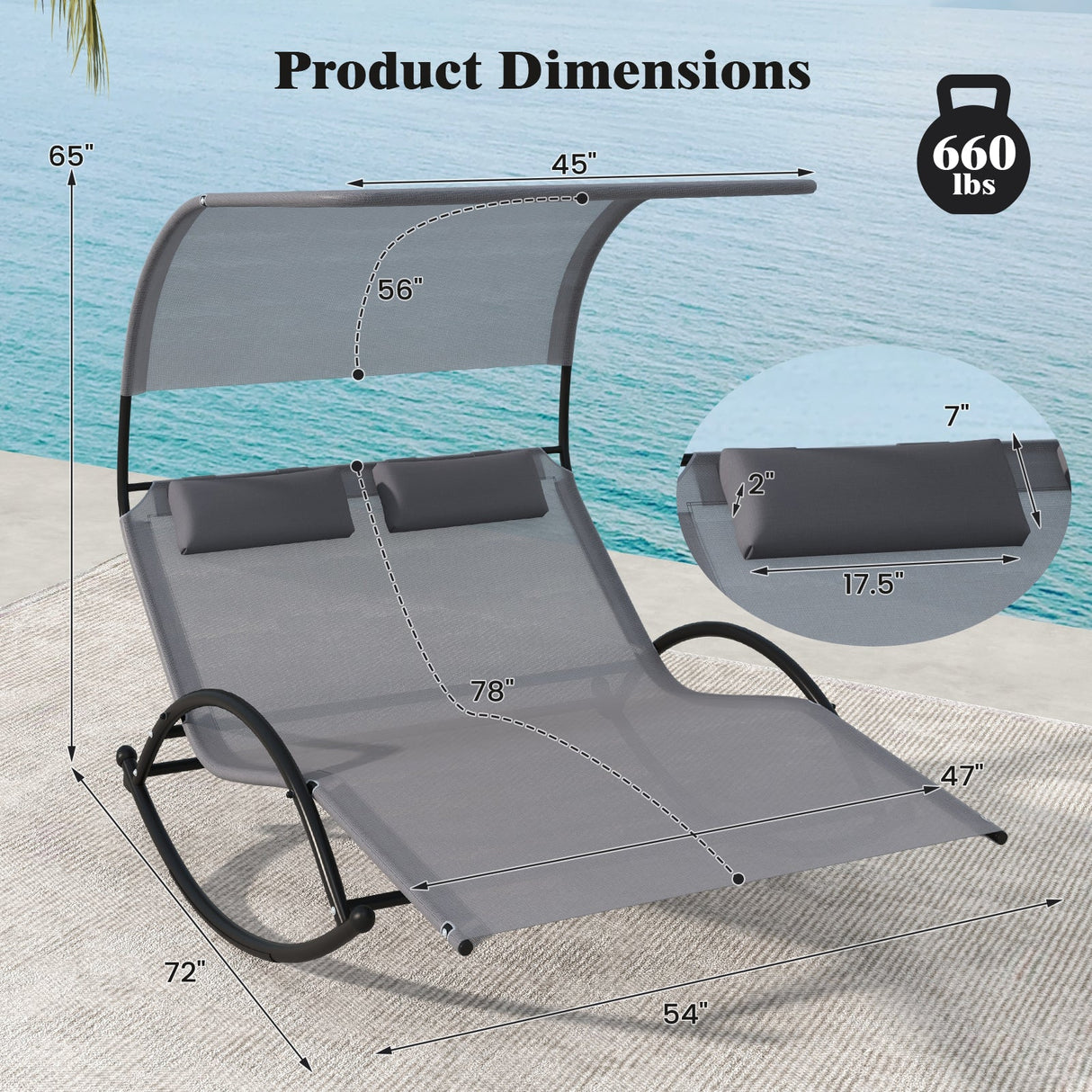 Tumbona doble balancín para exteriores con dosel para 2 personas y reposacabezas desmontables - Gris