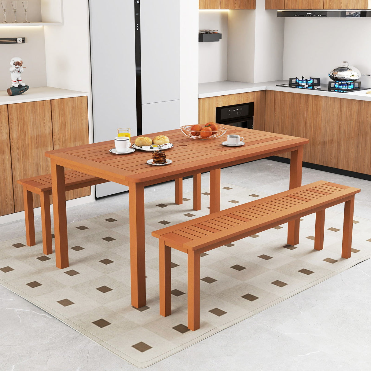 Mesa de comedor de madera maciza para patio al aire libre con agujero para sombrilla para 6 personas