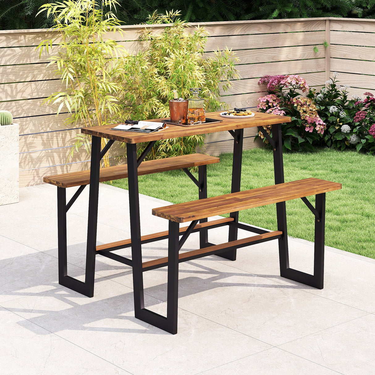 Conjunto de mesa de picnic con banco para patio con tablero y asientos de madera de acacia
