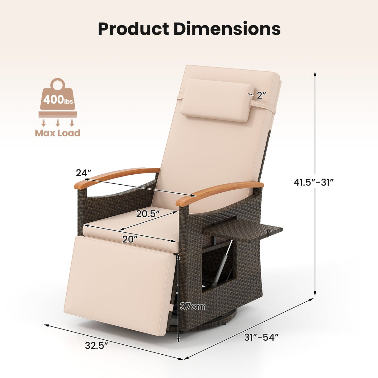 Sillón Reclinable Giratorio 360° de Ratán para Patio con Respaldo y Reposapiés Ajustables
