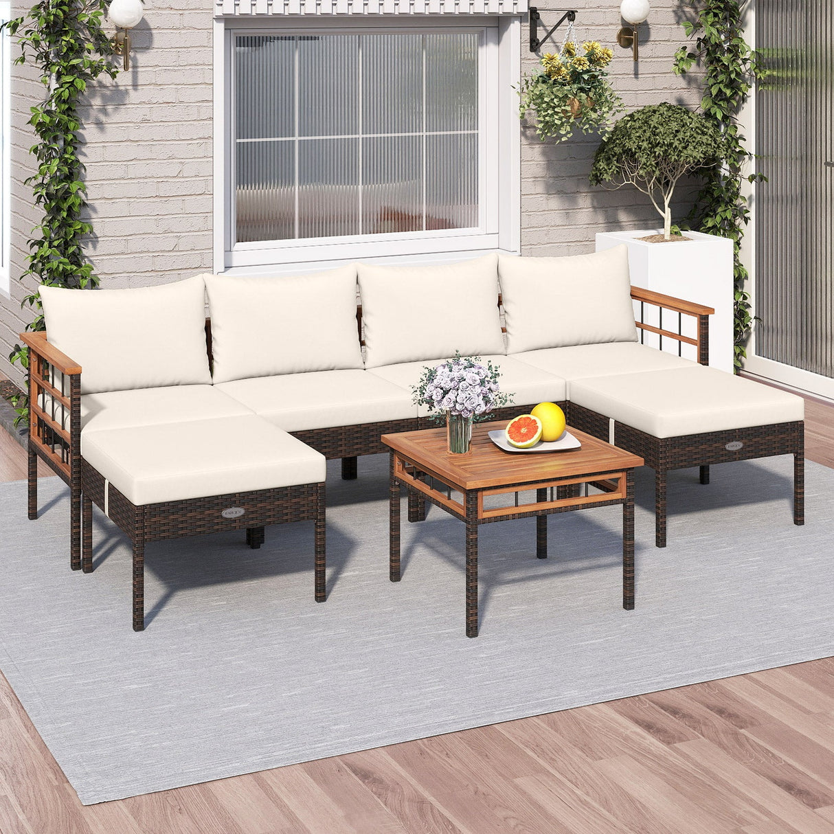 Sillas de ratán para patio con otomanas y mesa auxiliar para jardín - Blanco