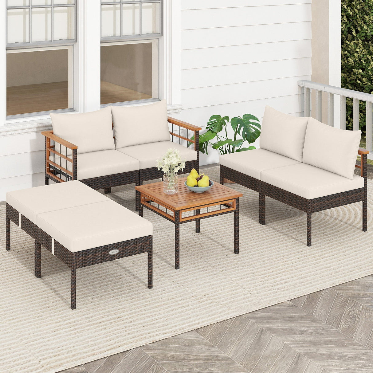 Sillas de ratán para patio con otomanas y mesa auxiliar para jardín - Blanco