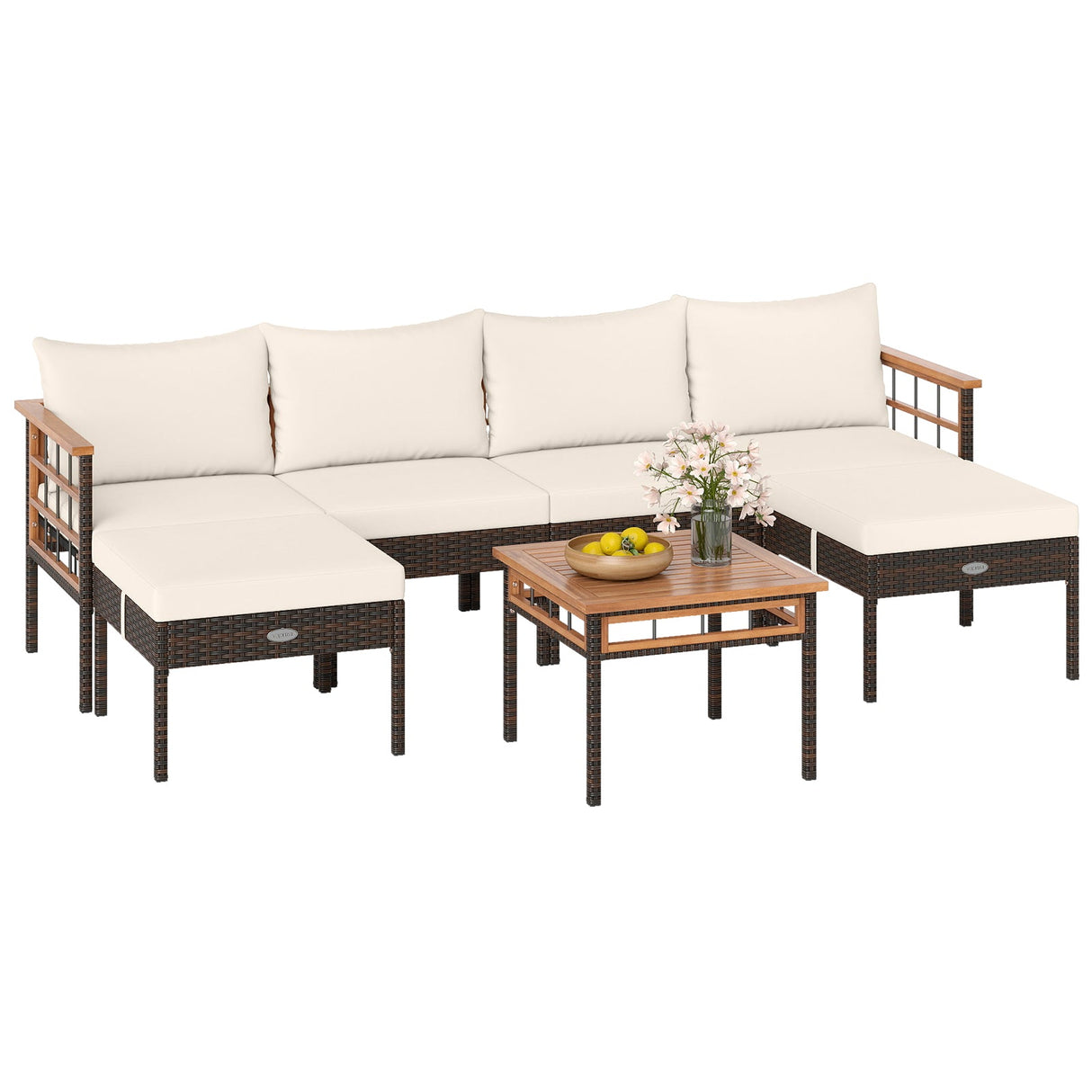 Sillas de ratán para patio con otomanas y mesa auxiliar para jardín - Blanco