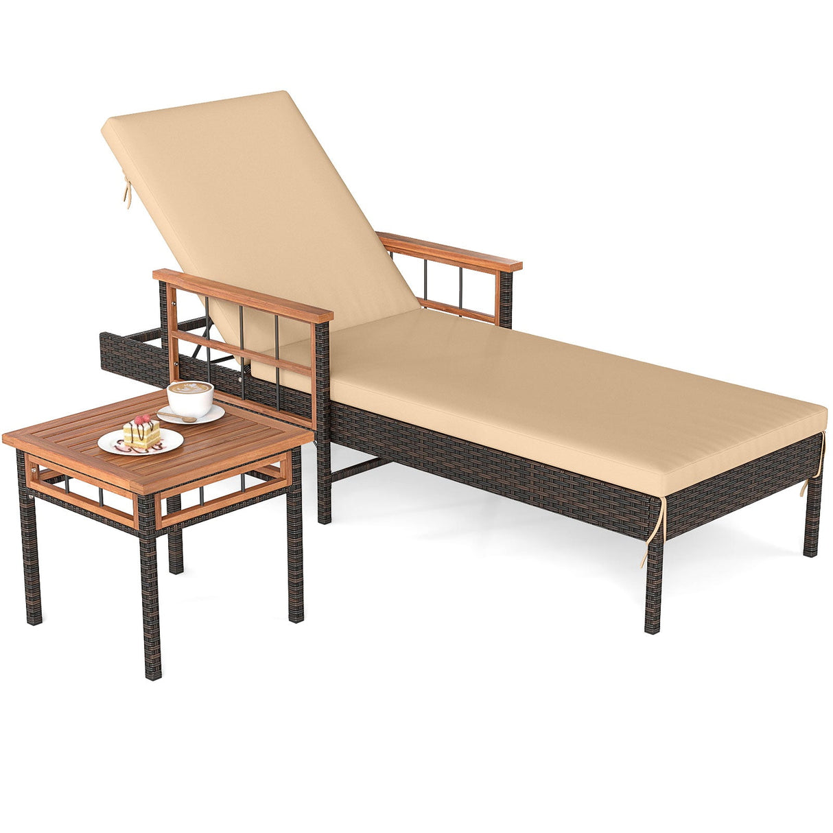 Tumbona reclinable de ratán para patio con mesa auxiliar y respaldo ajustable - Beige