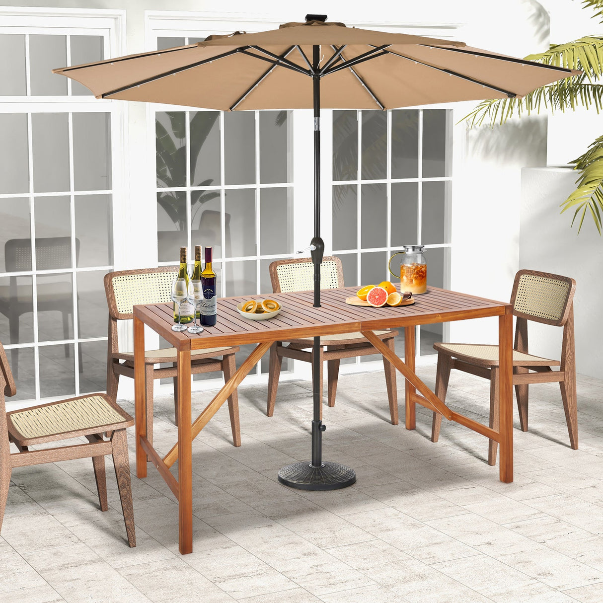 Mesa de comedor rectangular de madera de acacia para patio de 170 cm con agujero para sombrilla