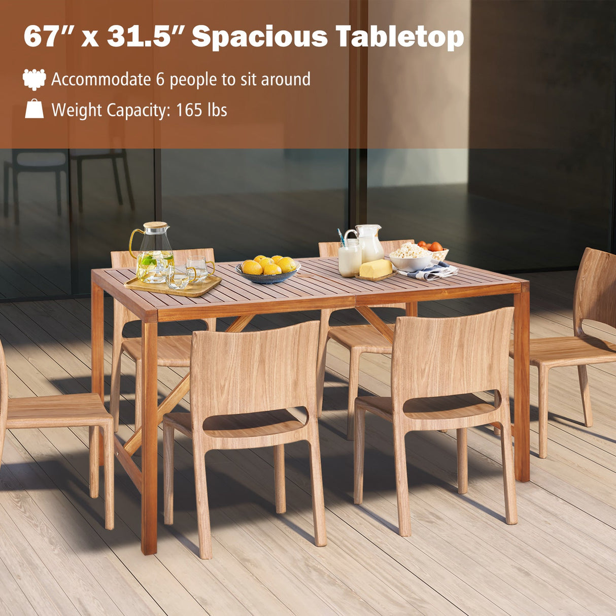 Mesa de comedor rectangular de madera de acacia para patio de 170 cm con agujero para sombrilla