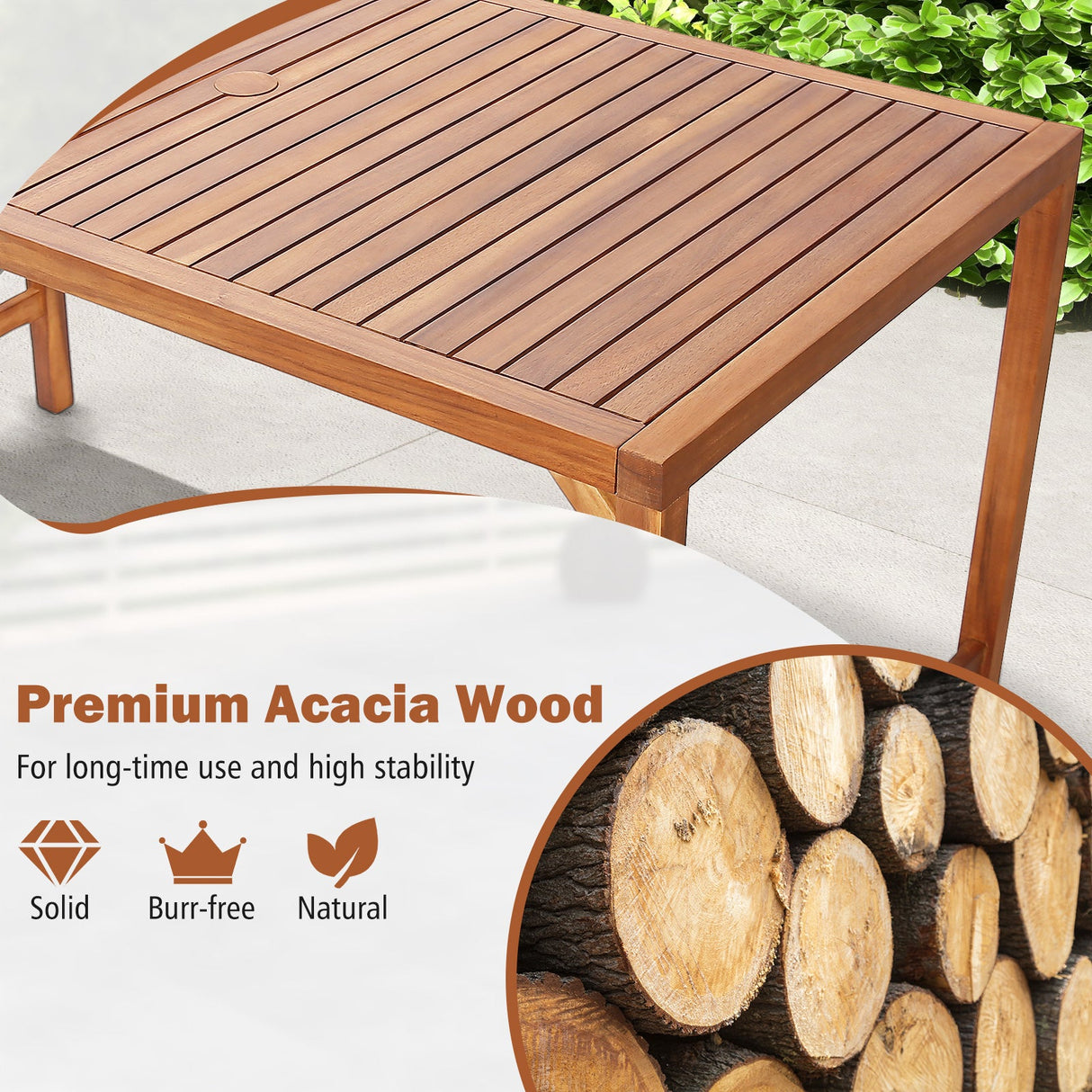 Mesa de comedor rectangular de madera de acacia para patio de 170 cm con agujero para sombrilla