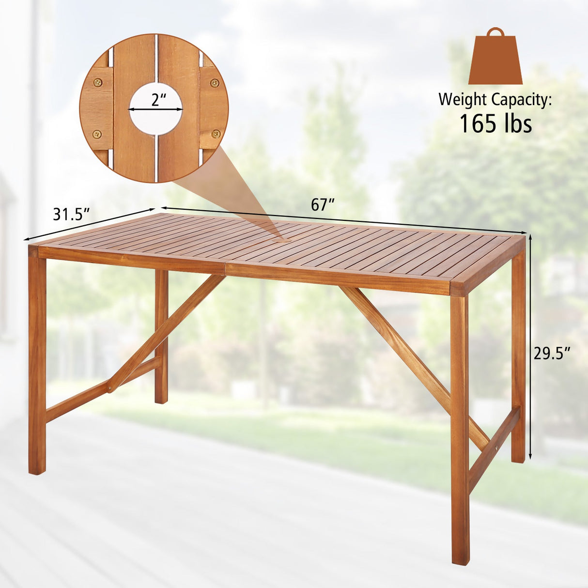 Mesa de comedor rectangular de madera de acacia para patio de 170 cm con agujero para sombrilla