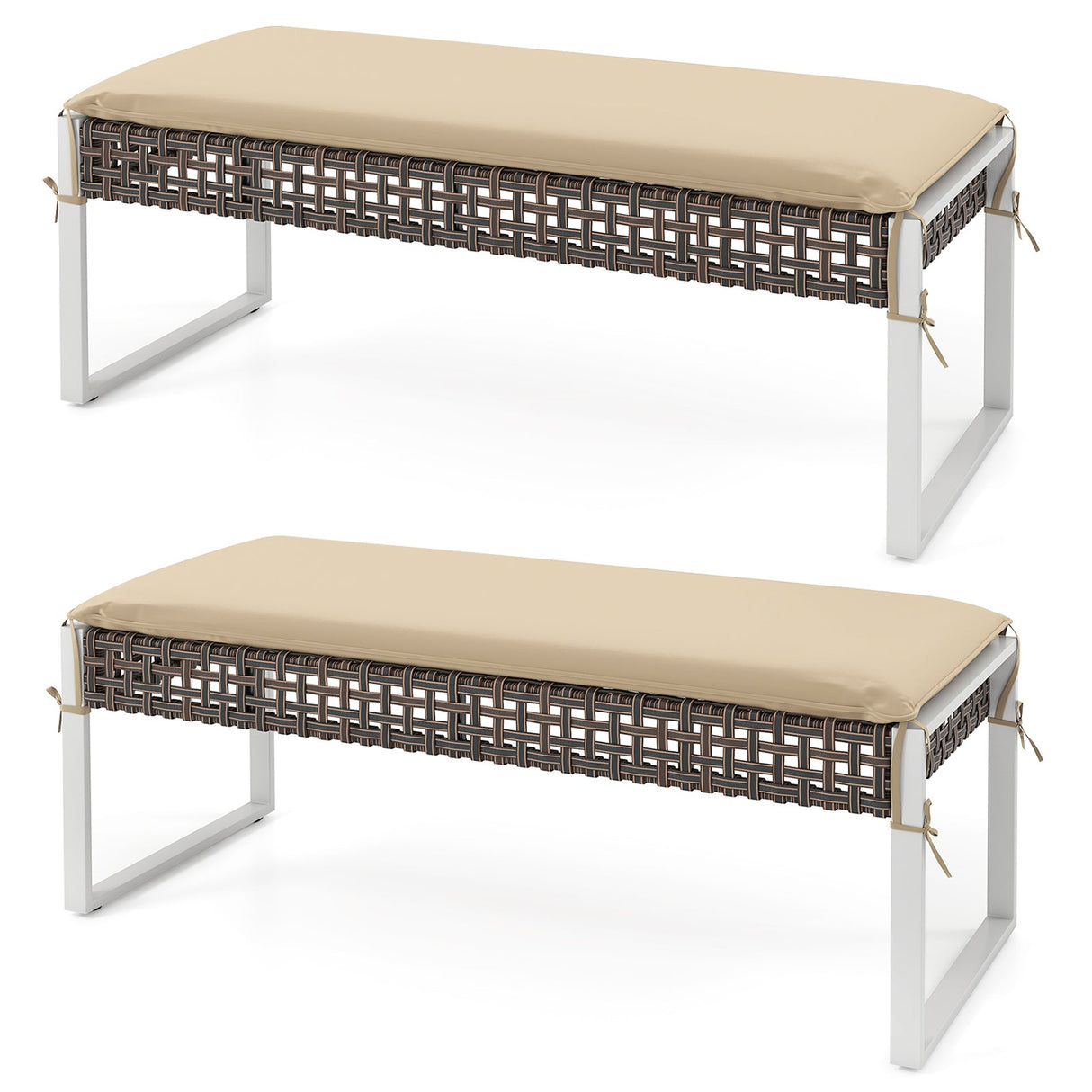 Otomana rectangular de patio de 43 pulgadas, paquete de 2, con patas de metal y cojín de asiento - Beige