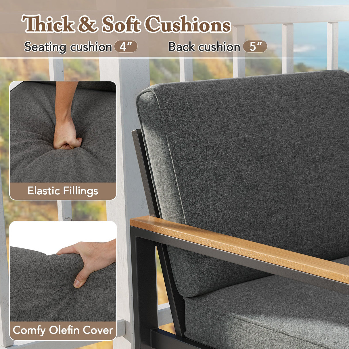Conjunto de 2 sofás de aluminio modernos para patio con reposabrazos para balcón - Gris