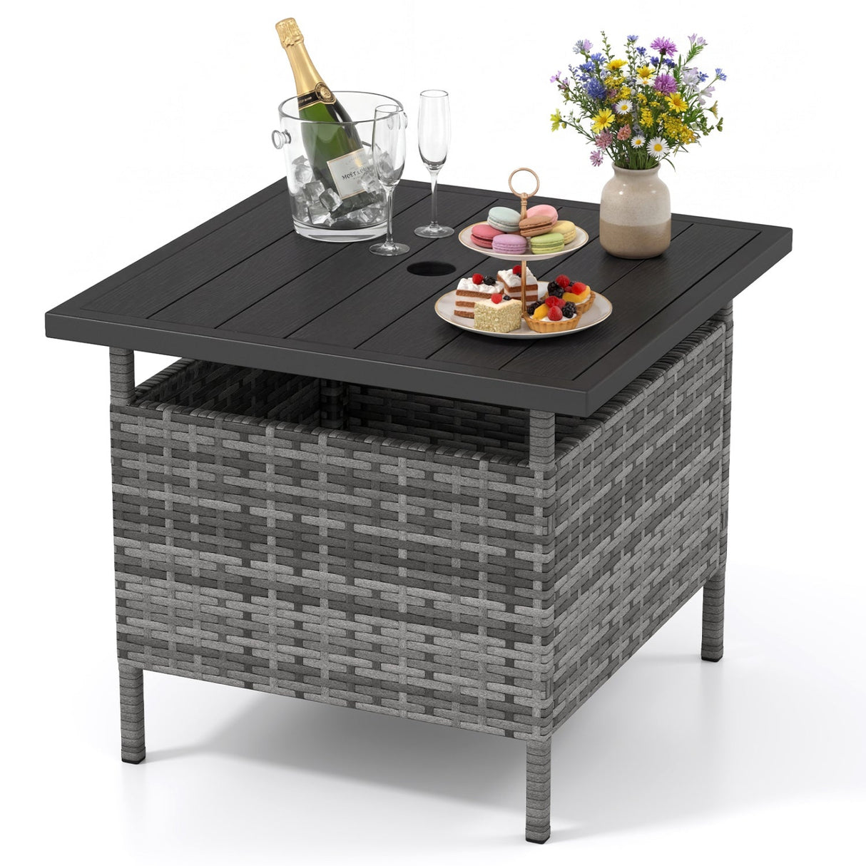 Mesa auxiliar cuadrada de mimbre para patio con agujero para sombrilla para jardín o piscina