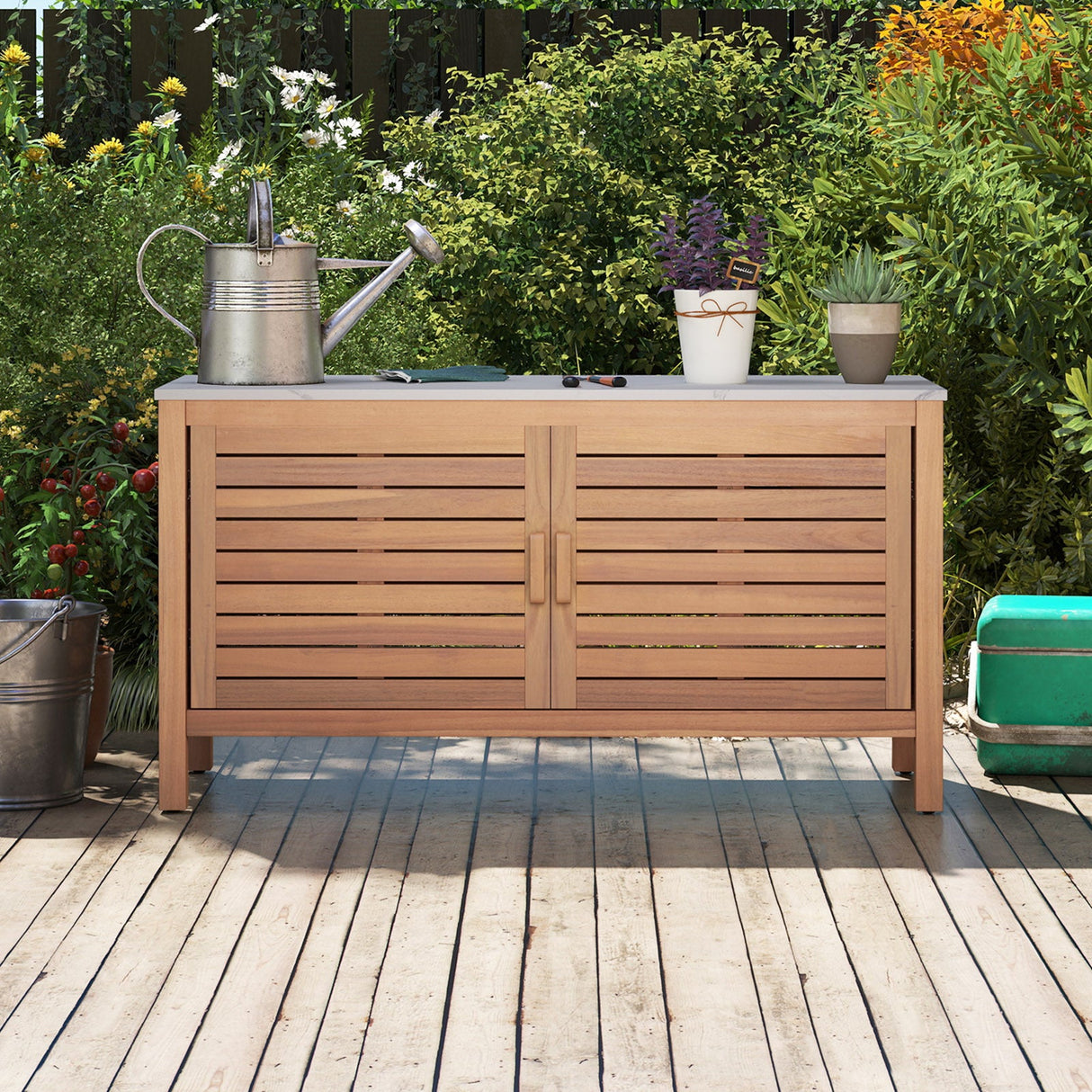 Armario de almacenamiento para patio, 2 puertas, madera de acacia, contenedor de almacenamiento con cubierta de imitación mármol