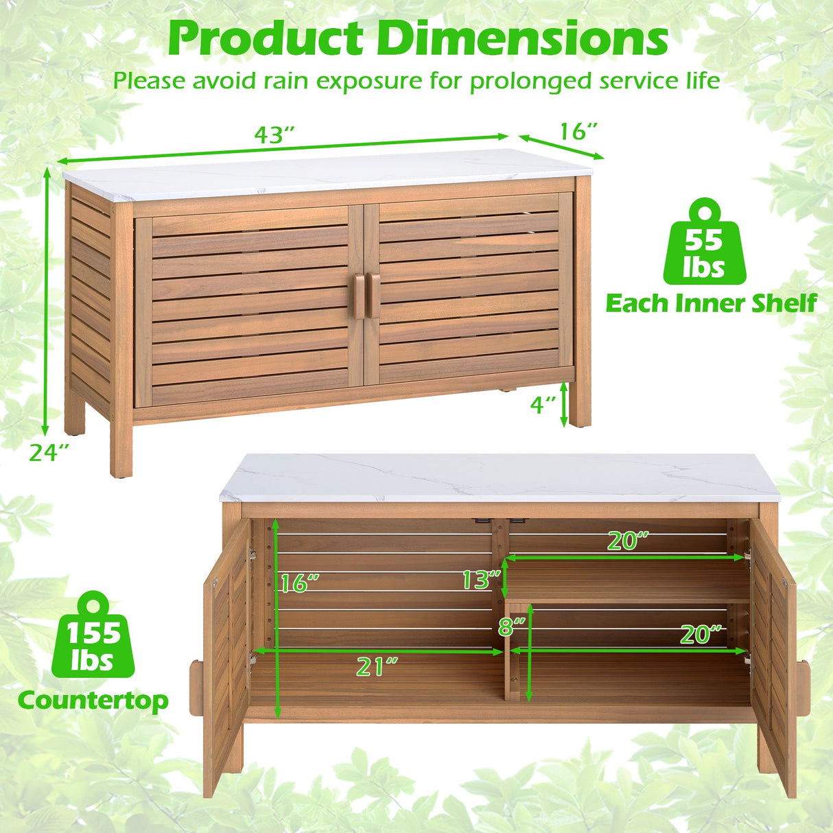 Armario de almacenamiento para patio, 2 puertas, madera de acacia, contenedor de almacenamiento con cubierta de imitación mármol