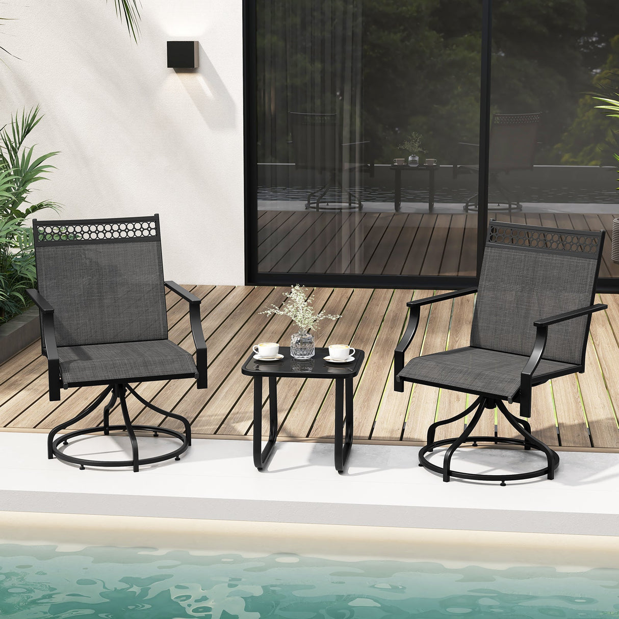 Juego de 2 sillas giratorias de comedor para patio con estructura de metal resistente y reposabrazos