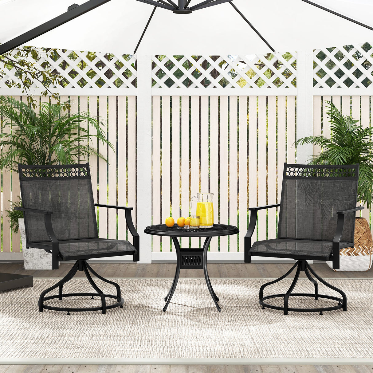 Juego de 2 sillas giratorias de comedor para patio con estructura de metal resistente y reposabrazos