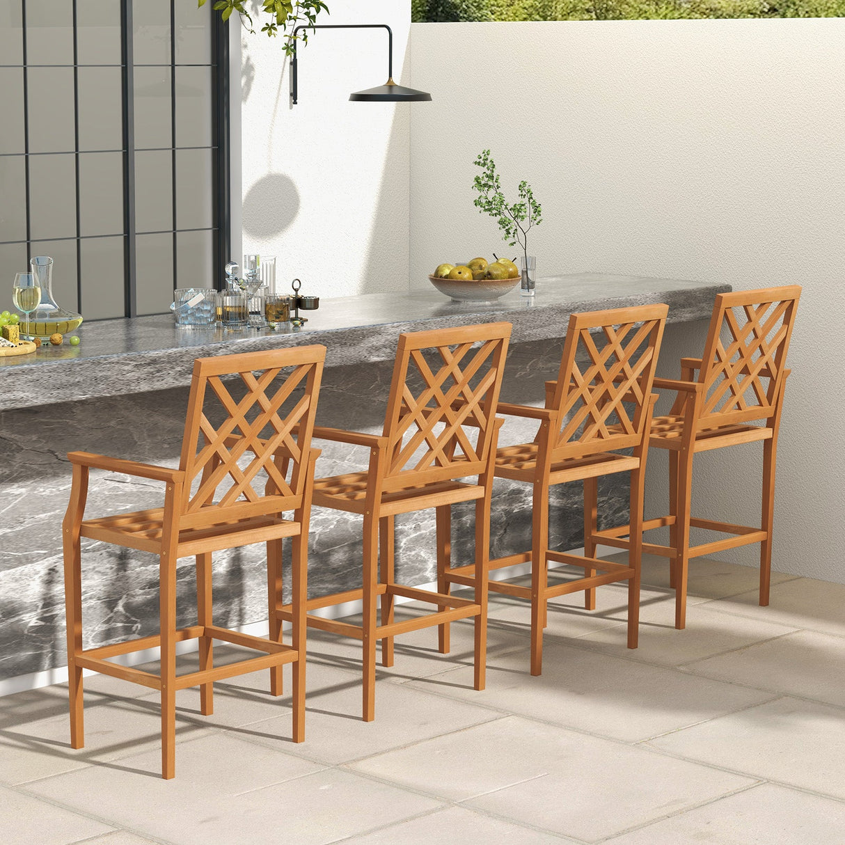 Taburete de bar de teca para patio, silla de exterior a la altura de la encimera con respaldo ergonómico